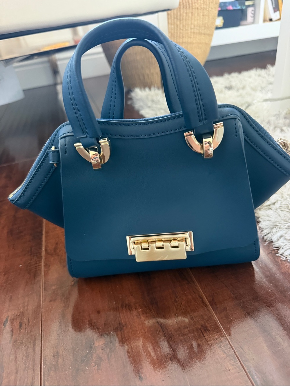 ZAC POSEN Structured Navy Blue Satchel Bag with Gold Hardware
